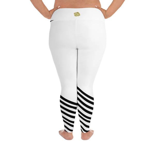 White Black Diagonal Stripe Women's Sports Fitness Ankle Length Plus Size Leggings-Women's Plus Size Leggings-Heidi Kimura Art LLC