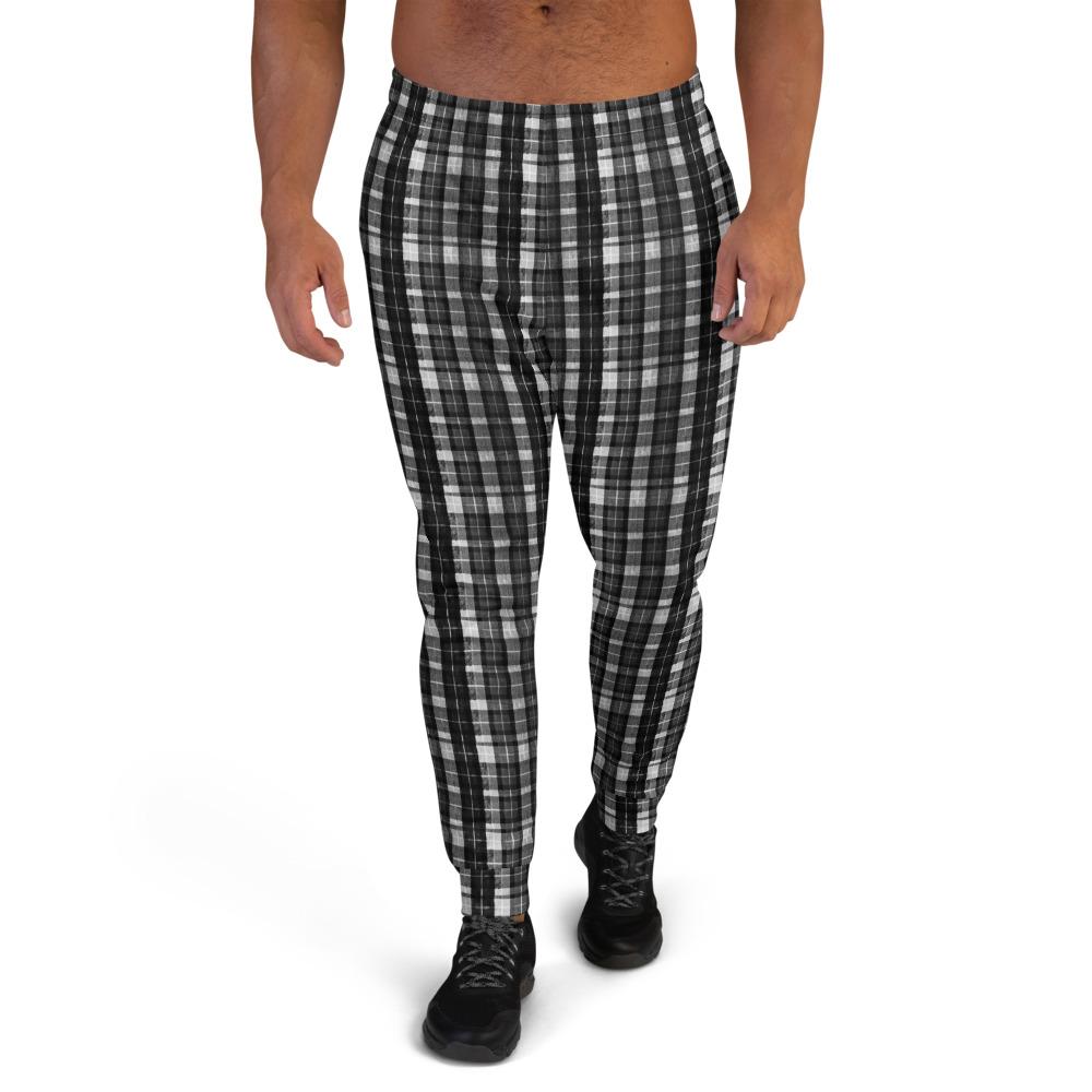 Black Tartan Plaid Print Designer Men's Joggers Casual Sweatpants- Made in EU-Men's Joggers-XS-Heidi Kimura Art LLC