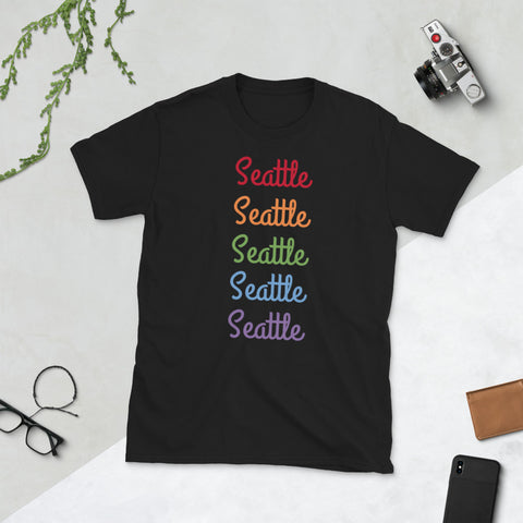Fun Seattle Gay Pride Parade Rainbow Short-Sleeve Unisex T-Shirt (US Size: S-3XL)-T-Shirt-Black-S-Heidi Kimura Art LLC