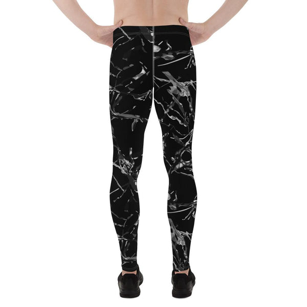 Black Marble Print Meggings, Men's Leggings Compression Tights Pants - Made in USA/ EU-Men's Leggings-Heidi Kimura Art LLC