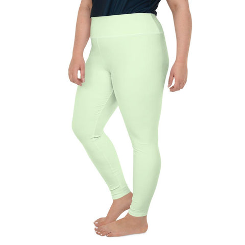 Light Green Pastel Solid Color Print Plus Size Leggings Women's Yoga Pants- Made in USA/EU-Women's Plus Size Leggings-Heidi Kimura Art LLC Green Plus Size Leggings, Light Green Pastel Solid Color Print Premium Quality Women's Long Yoga Pants Plus Size Leggings For Curvy Women -Made in USA/ EU (US Size: 2XL-6XL)