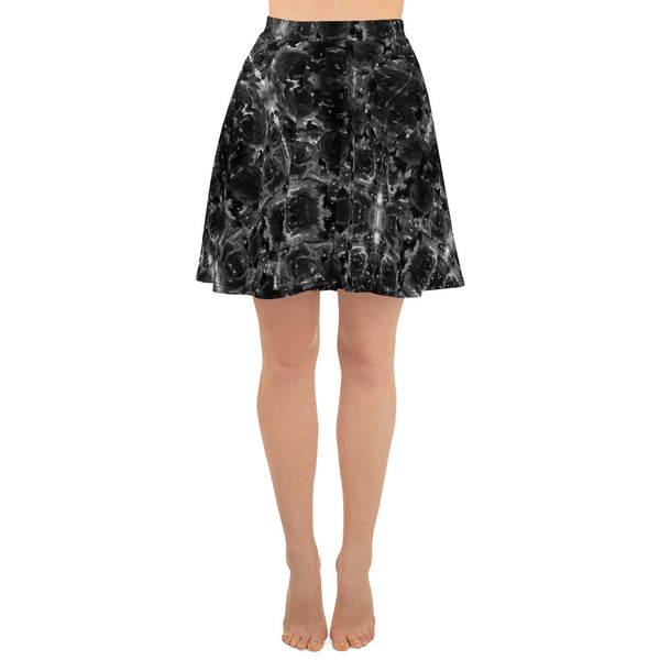 Gray Rose Floral Skater Skirt, Floral Print High-Waisted Mid-Thigh Women's Tennis A-Line Skater Skirt, Plus Size Available - Made in USA/EU (US Size: XS-3XL)  