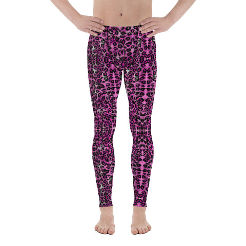 Pink Leopard Print Men's Leggings, Sexy Animal Print Meggings Running Tights For Men-Heidikimurart Limited -Heidi Kimura Art LLC Pink Leopard Print Men's Leggings, Pink Colorful Animal Print Leopard Modern Meggings, Men's Leggings Tights Pants - Made in USA/EU/MX (US Size: XS-3XL) Sexy Meggings Men's Workout Gym Tights Leggings