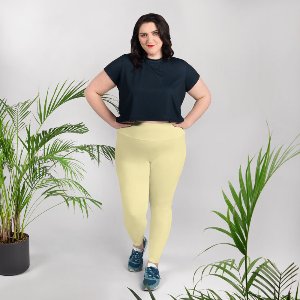 Light Pale Yellow Women's Tights, Solid Color Print Women's Plus Size Pastel  Leggings- Made in USA/EU