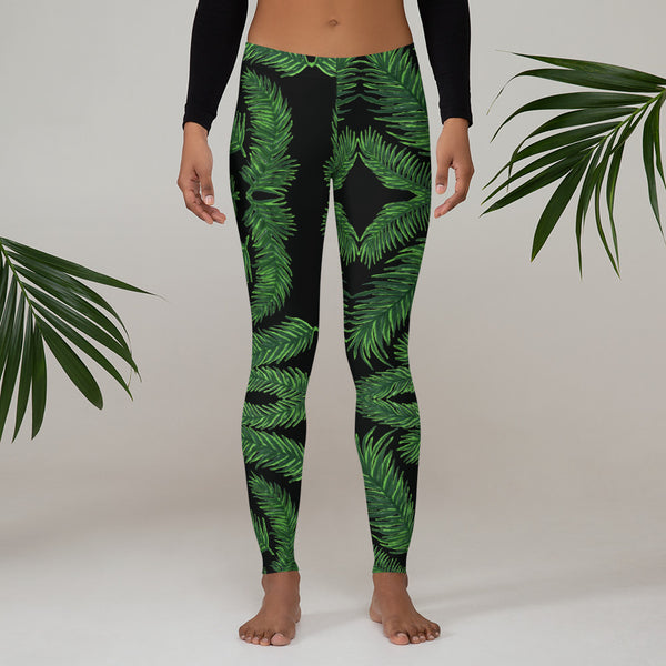 Green Tropical Leaves Leggings, Palm Leaf Print Women's Casual Tights-Made in USA/EU-Heidi Kimura Art LLC-Heidi Kimura Art LLC