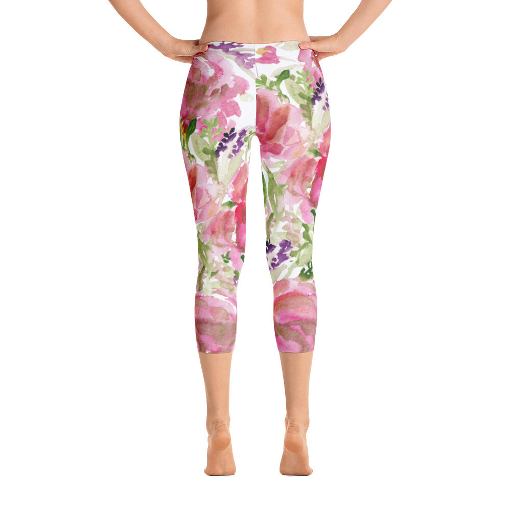 Pink Flower Women's Capris Tights, Princess Rose Floral Designer Casual  38–40 UPF Capri Leggings Activewear Outfit - Made in USA/EU/MX (US Size: XS-XL)