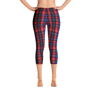 Red Plaid Print Women's Polyester Spandex Capri Leggings - Made in USA-capri leggings-XS-Heidi Kimura Art LLC