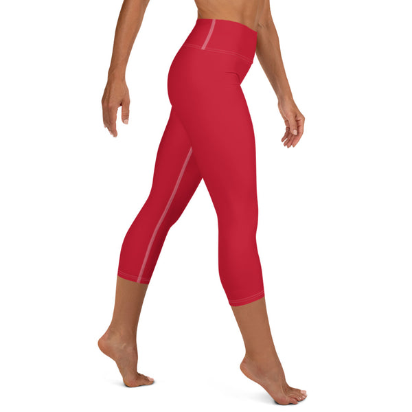 Solid Red Color Print Women's Designer Yoga Capri Leggings Pants- Made in USA/ EU-Capri Yoga Pants-Heidi Kimura Art LLC