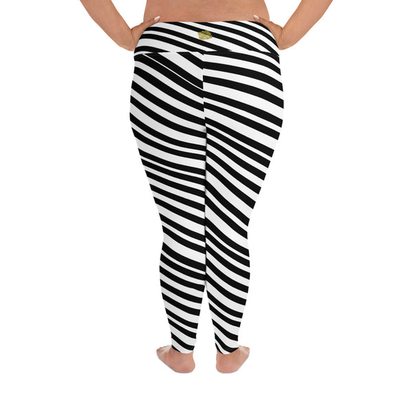 White & Black Diagonal Stripe Women's Plus Size Yoga Pants Leggings- Made in USA/ EU-Women's Plus Size Leggings-Heidi Kimura Art LLC