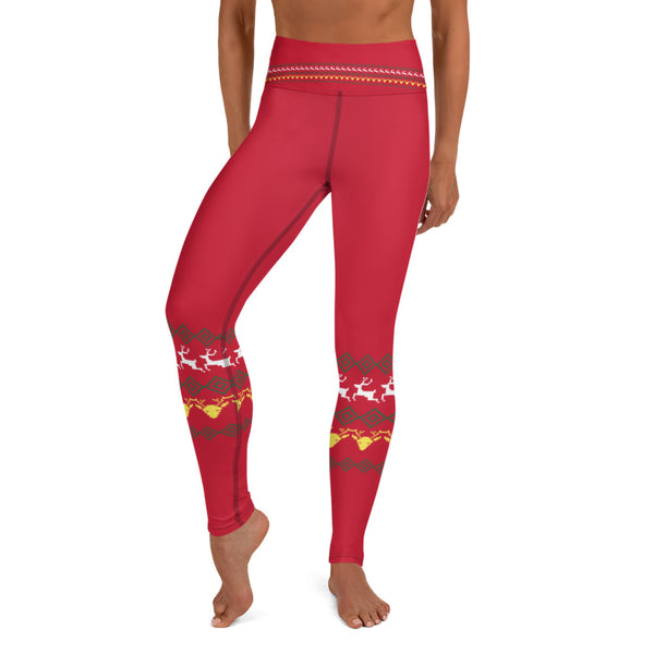 Red Reindeer Christmas Yoga Leggings, Modern Festive Xmas Women's Tights-Heidikimurart Limited -Heidi Kimura Art LLC Red Reindeer Christmas Yoga Leggings, Modern Festive Xmas Party Animal Print Gym Active Fitted Leggings Sports Yoga Pants - Made in USA/EU/MX (US Size: XS-XL)