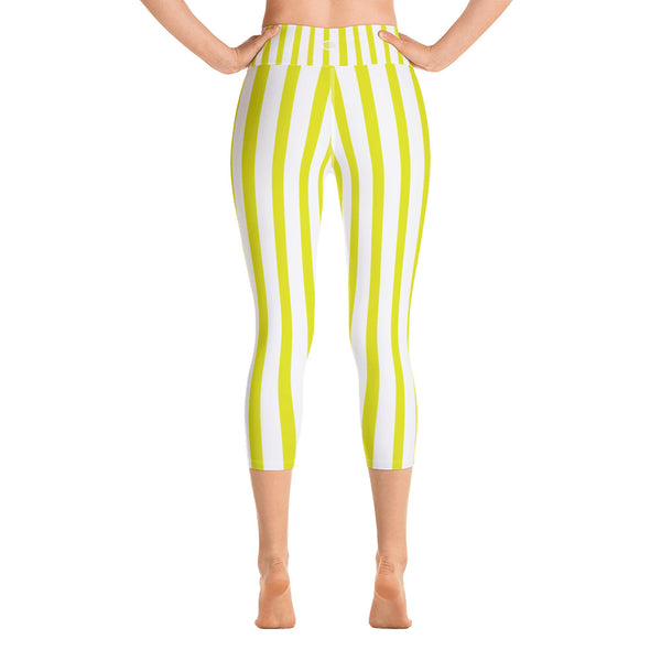 Yellow & White Vertical Striped Women's Yoga Capri Pants Leggings - Made In USA/ EU-Capri Yoga Pants-Heidi Kimura Art LLC