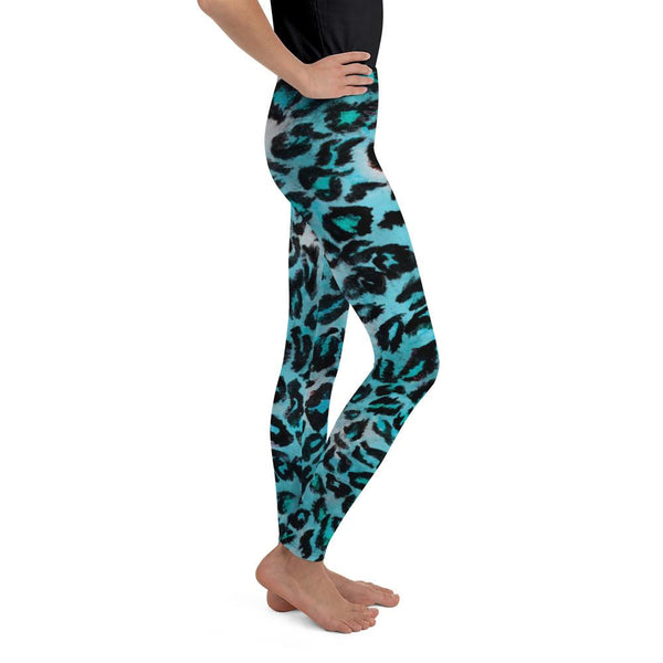 Blue Leopard Animal Print Cute Youth Leggings Workout Tights Pants - Made in USA/EU-Youth's Leggings-Heidi Kimura Art LLC