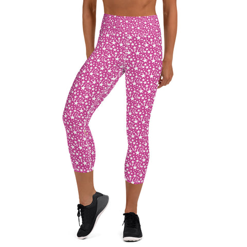 Pink White Star Print Pattern Women's Designer Yoga Capri Leggings- Made in USA/EU-Capri Yoga Pants-XS-Heidi Kimura Art LLC