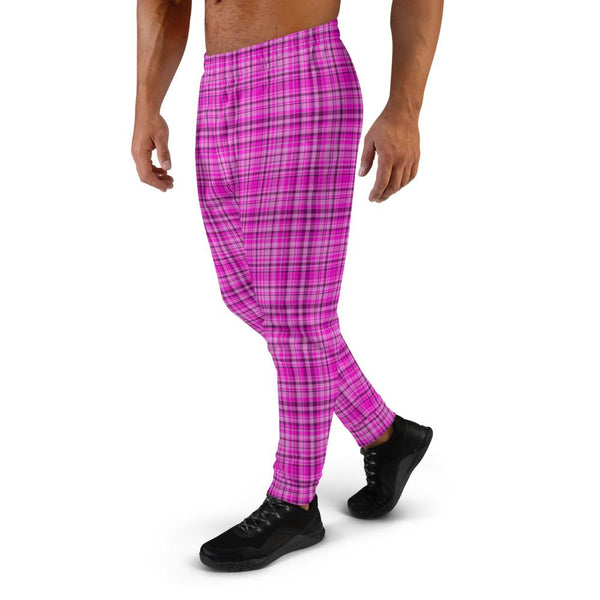 Pink Tartan Plaid Print Fashion Men's Joggers Jogging Bottoms Sweatpants - Made in EU-Men's Joggers-Heidi Kimura Art LLC