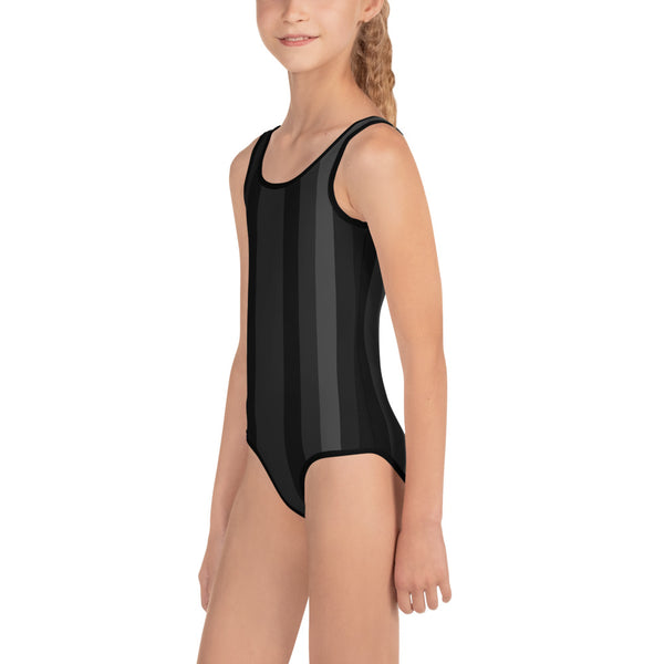 Black Grey Vertical Striped Print Girl's Cute Kids Swimsuit Swimwear- Made in USA/EU-Kid's Swimsuit (Girls)-Heidi Kimura Art LLC