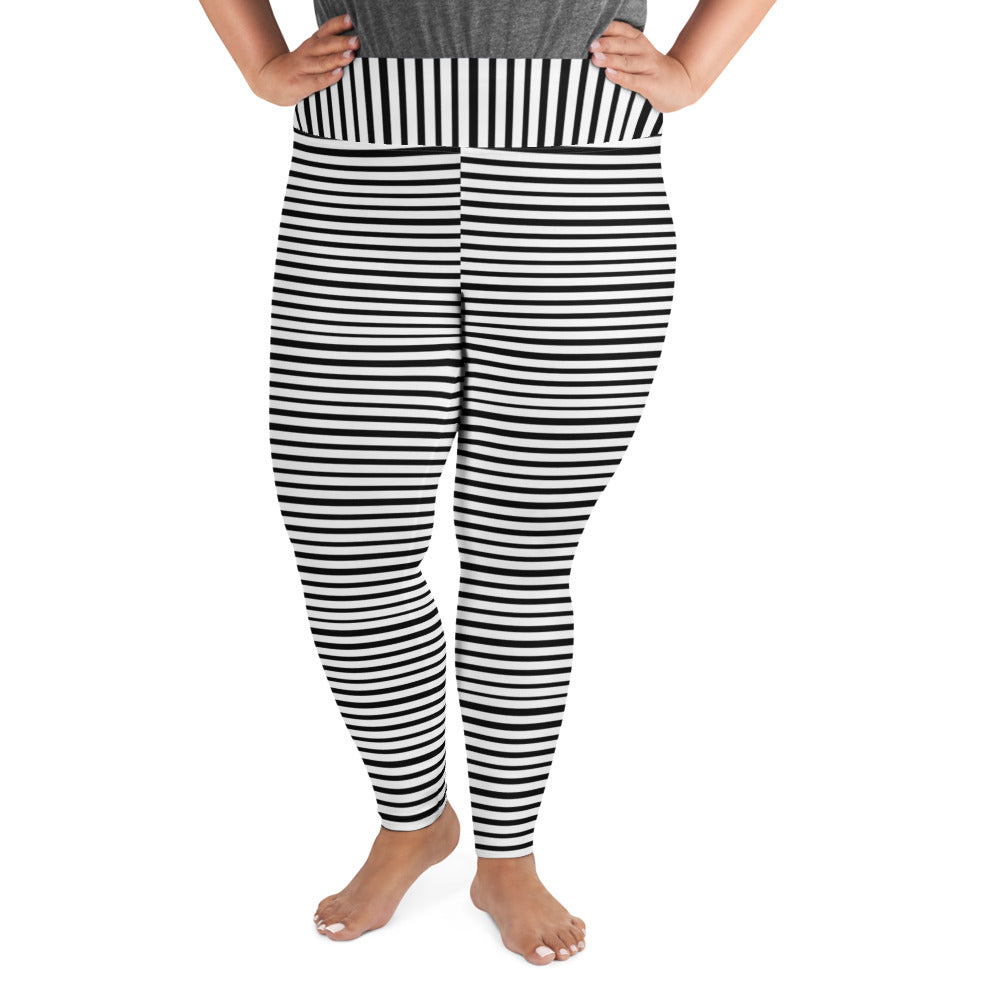 Horizontal Striped Plus Size Leggings, Black White Women's Yoga