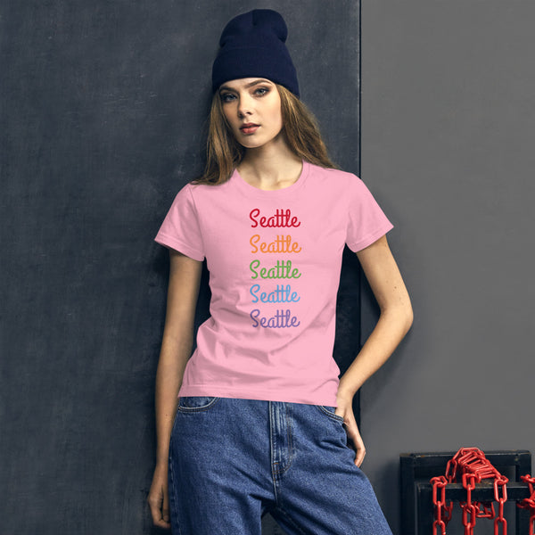 Seattle Rainbow Print Gay Pride 100% Cotton Women's Short Sleeve T-shirt (US Size: S-XL)-T-Shirt-Charity Pink-S-Heidi Kimura Art LLC