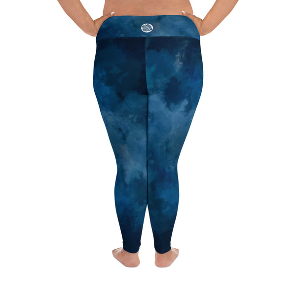 Blue Plus Size Women's Leggings, Abstract Long Yoga Pants For Curvy Women-Made in USA/EU-Women's Plus Size Leggings-Heidi Kimura Art LLC
