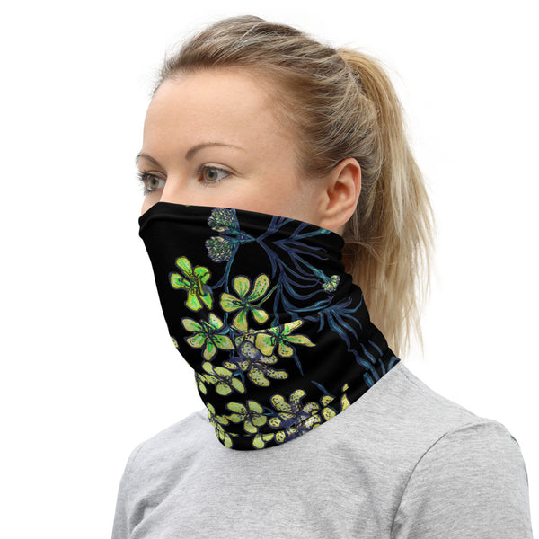Black Yellow Orchids Face Mask, Orchid Flower Floral Print Luxury Premium Quality Cool And Cute One-Size Reusable Washable Scarf Headband Bandana - Made in USA/EU, Face Neck Warmers, Non-Medical Breathable Face Covers, Neck Gaiters  