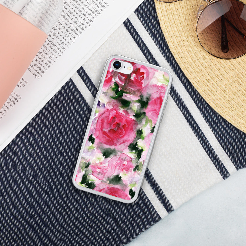 Pink Rose Liquid Glitter Phone Case, Floral Print iPhone Case-Printed in USA/EU-Heidi Kimura Art LLC-Silver-iPhone 7/8-Heidi Kimura Art LLC