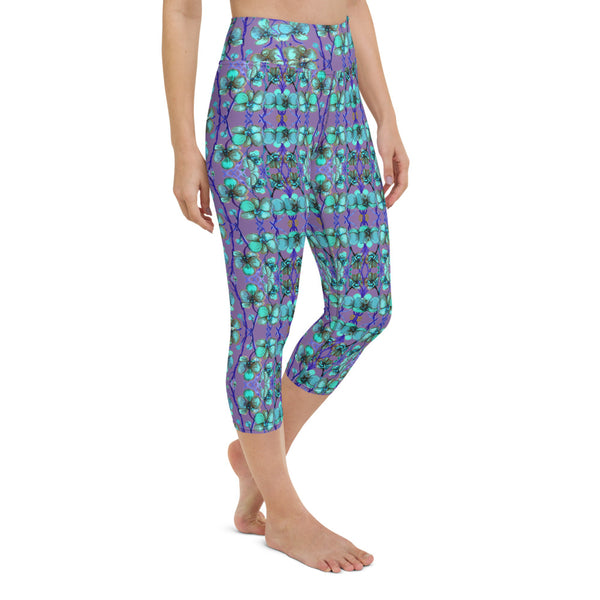 Purple Blue Capris Tights, Orchids Floral Print Pattern Women's Yoga Capri Leggings-Heidi Kimura Art LLC-Heidi Kimura Art LLC