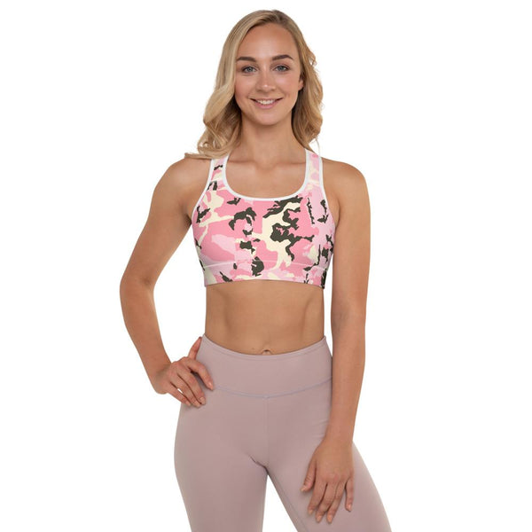 Pink Cute Camo Army Military Print Women's Padded Fitness Sports Bra- Made in USA/EU-Sports Bras-White-XS-Heidi Kimura Art LLC