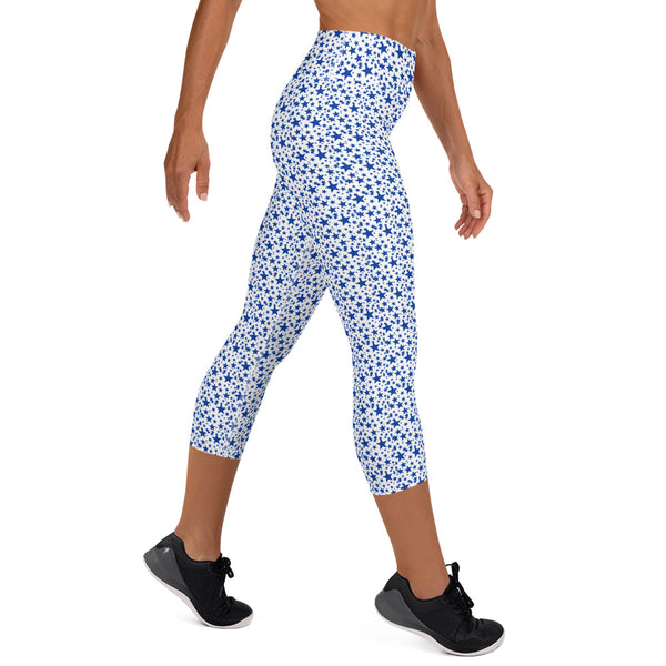 White Blue Stars Print Women's Yoga Capri Mid-Calf Leggings Pants- Made in USA/EU-Capri Yoga Pants-Heidi Kimura Art LLC
