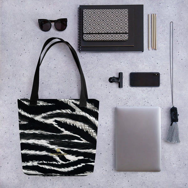 Fashionable Zebra Animal Print 15" x 15" Black White Designer Tote Bag - Made in USA/EU-Tote Bag-Black-Heidi Kimura Art LLC