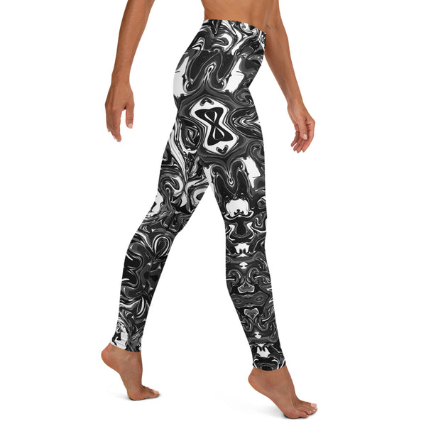 Black Marble Yoga Leggings, Marble Print Long Tights-Made in USA/EU-Heidi Kimura Art LLC-Heidi Kimura Art LLC