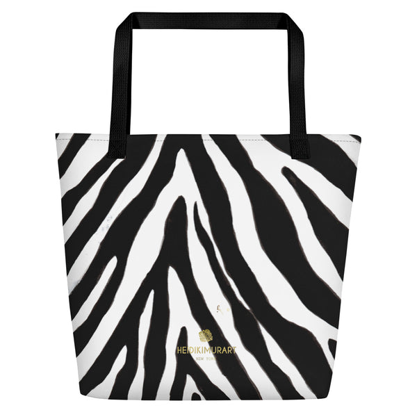 Designer Black White Zebra Animal Pattern Print Large Tote 16"x20" Beach Bag- Made in USA/EU-Beach Tote Bag-Black-Heidi Kimura Art LLC