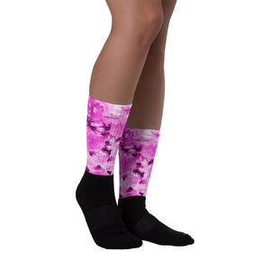 Pink Rose Floral Print Designer Black Foot Sublimated Socks - Made in USA/ Europe-Socks-M (6-8)-Heidi Kimura Art LLC