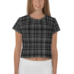 Classic Black Plaid Print Outfit Crop Tee Top Women's T-Shirt, Made in Europe-Crop Tee-XS-Heidi Kimura Art LLC