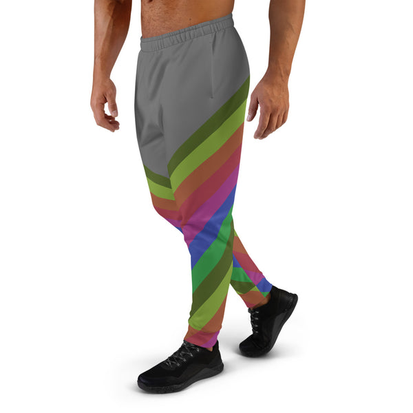 Gray Faded Vintage Style Rainbow Stripe Print Premium Men's Joggers - Made in EU-Men's Joggers-Heidi Kimura Art LLC
