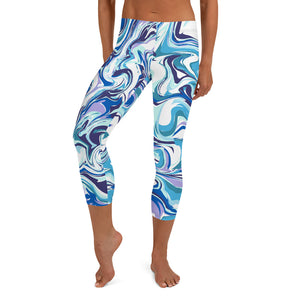 Blue Swirl Women's Capri Leggings, Abstract Print Ladies Casual