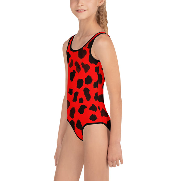 Cute Bright Red Cow Farm Animal Print Girl's Kids Premium Swimsuit Bathing Suit-Kid's Swimsuit (Girls)-Heidi Kimura Art LLC