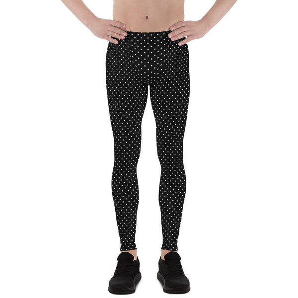 Black White Dots Meggings, White Black Polka Dots Print Sexy Meggings Men's Workout Gym Meggings Long Tights Leggings-Made in USA/EU (US Size: XS-3XL)