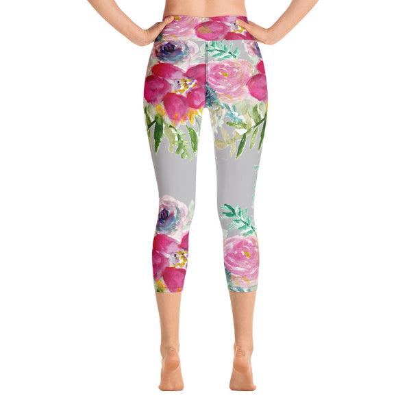 Pink Floral Rose Print Women's Yoga Capri Leggings - Made in USA (XS-XL)-Capri Yoga Pants-Heidi Kimura Art LLC Pink Floral Women's Capri Leggings, Pink Garden Floral Rose Print Women's Yoga Capri Leggings Pants - Made in USA/EU (US Size: XS-XL)