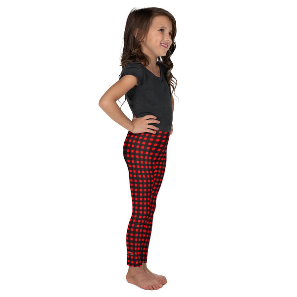Buffalo Red Plaid Print Premium Kid's Leggings Comfy Workout Pants- Made in USA/ EU-Kid's Leggings-Heidi Kimura Art LLC