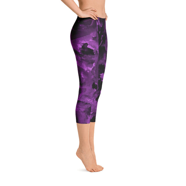 Mulberry Purple Rose Floral Designer Capri Leggings Outfit - Made in USA (US Size: XS-XL)-capri leggings-Heidi Kimura Art LLC