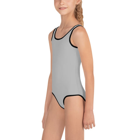 Light Gray Solid Color Print Premium Cute Girl's Kids Swimsuit Sportwear- Made in USA-Kid's Swimsuit (Girls)-Heidi Kimura Art LLC