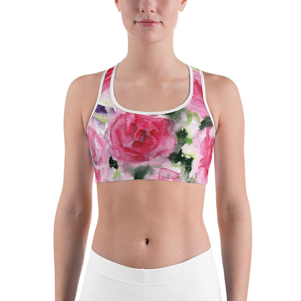 Pink Rose Floral Flower Print Women's Sports Workout Fitness Yoga Bra-Made in USA-Sports Bras-White-XS-Heidi Kimura Art LLC