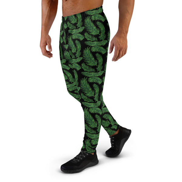 Tropical Leaf Print Men's Joggers, Black Green Palm Leaves Print Sweatpants -Made in EU-Men's Joggers-Heidi Kimura Art LLC