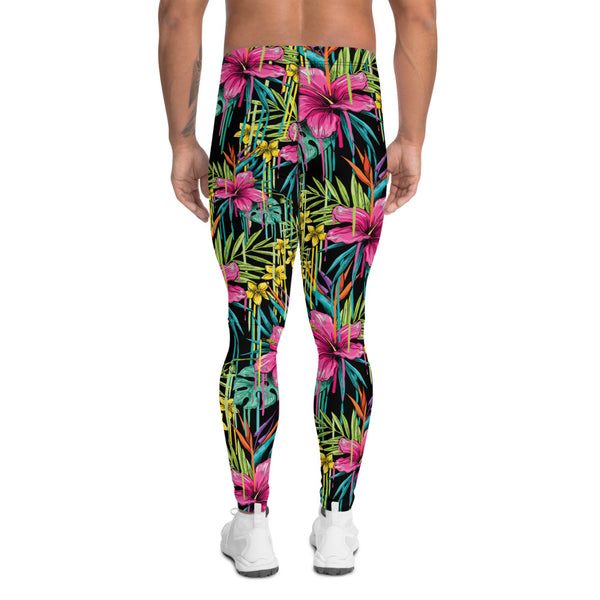 Tropical Pink Floral Men's Leggings, Leaf Print Meggings-Made in USA/EU-Heidi Kimura Art LLC-Heidi Kimura Art LLC Tropical Pink Floral Men's Leggings, Hawaiian Style Leaf Print Sexy Meggings Men's Workout Gym Tights Leggings, Men's Compression Tights Pants - Made in USA/ EU (US Size: XS-3XL)