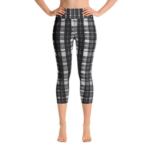 Black Plaid Women's Yoga Capri Pants Leggings Plus Size Available- Made In USA-Capri Yoga Pants-XS-Heidi Kimura Art LLC