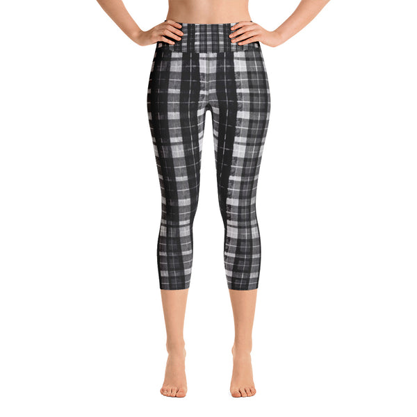Black Plaid Women's Yoga Capri Pants Leggings Plus Size Available- Made In USA-Capri Yoga Pants-XS-Heidi Kimura Art LLC
