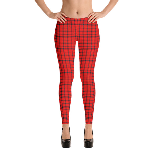 Red Plaid Print Leggings, Scottish Tartan Women's Tights-Made in USA/EU-Heidi Kimura Art LLC-Heidi Kimura Art LLC