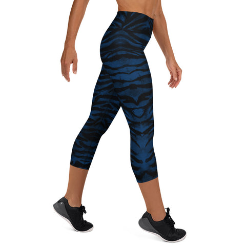 Blue Tiger Striped Capri Leggings, Animal Print Women's Yoga Capri Tights-Made in USA/EU-Capri Yoga Pants-Printful-Heidi Kimura Art LLC