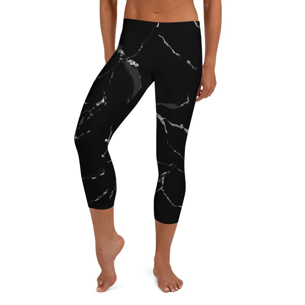Black Marble Print Women's Designer Casual Fashion Capri Leggings- Made in USA/ EU-capri leggings-XS-Heidi Kimura Art LLC