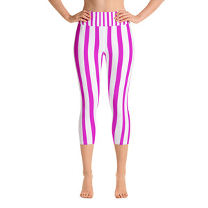 Pink Striped Women's Yoga Capri Pants Workout Leggings With Pockets - Made in USA/EU-Capri Yoga Pants-XS-Heidi Kimura Art LLC