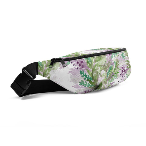 White Lavender Print Designer Over the Shoulder Fanny Pack- Made in USA/EU--Heidi Kimura Art LLC White Lavender Fanny Pack, Floral Print Designer Premium Quality Cute Unisex Water Repellent Best Fanny Pack Mini Over The Shoulder Bag/ Hip Pack/ Belt Waist Bag With Adjustable Waist/ Shoulder Belts For Men/ Women - Made in USA/ Europe (US Sizes: S, M, L)
